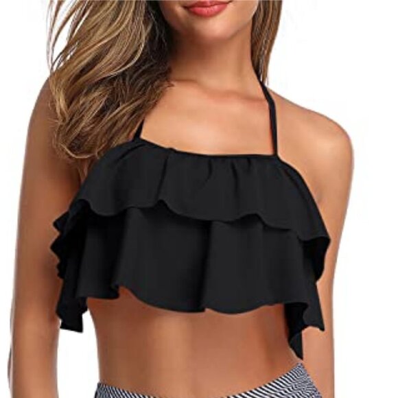 unbranded Other - Ruffle Halter Bikini Top Tie Back Black Beach Holiday Fun Girly Fem Stretch